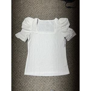 Nine West Women's XS Puff-Sleeve Square-Neck Top, White, Textured, NWT